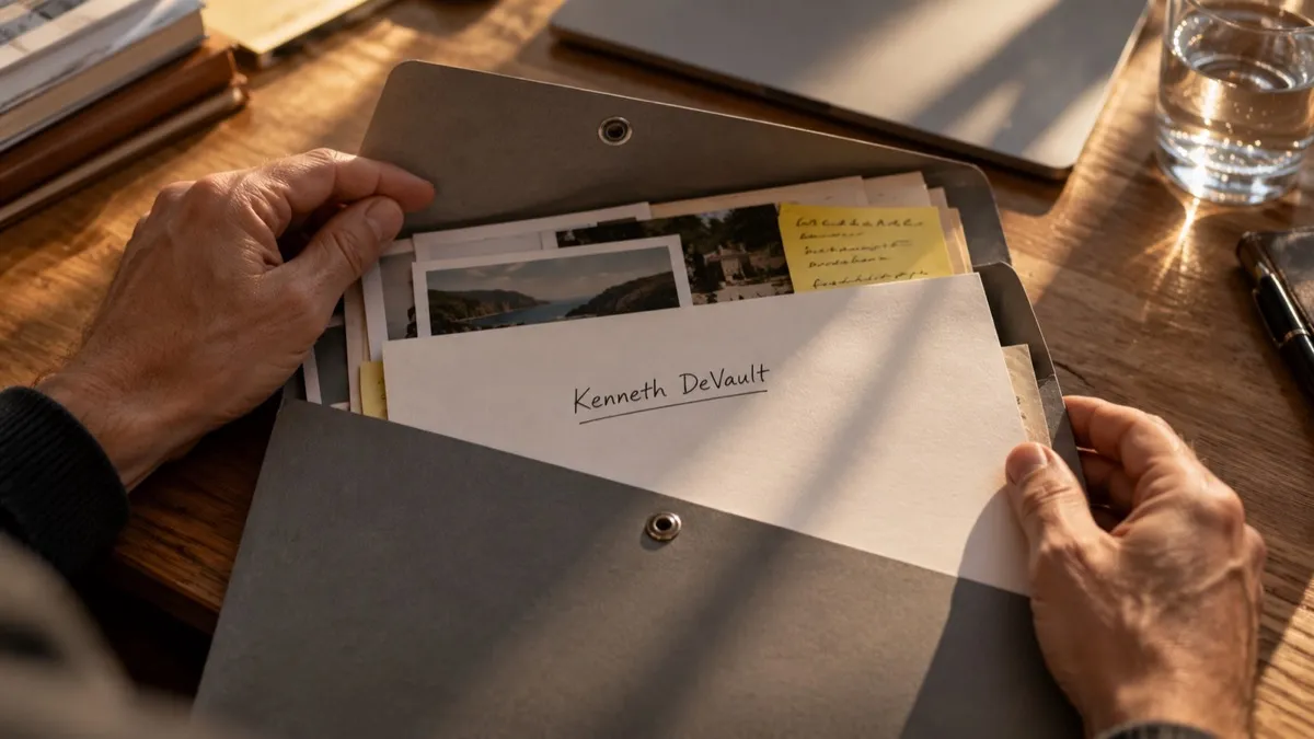 Hands opening a folder on a desk, revealing a printed sheet with the name Kenneth De Vault