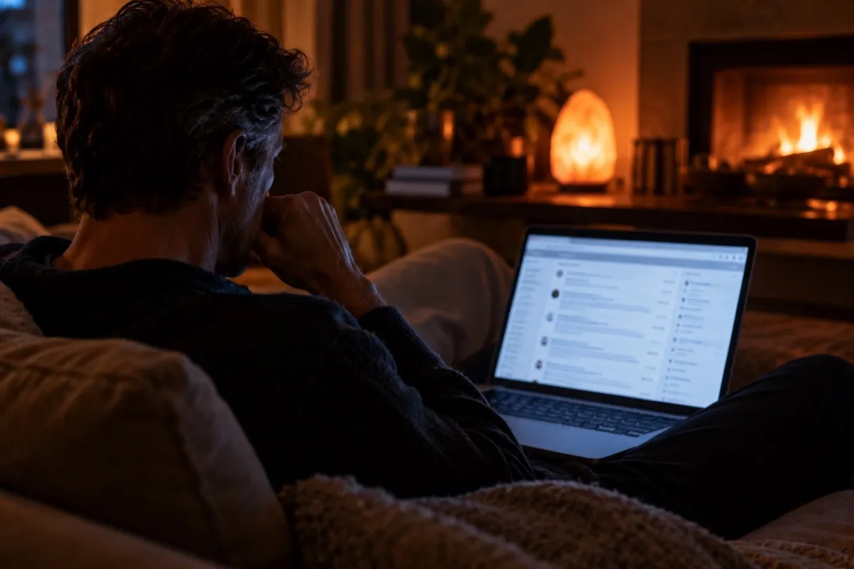 Man sitting on his couch at night, reading a reflux forum on his laptop