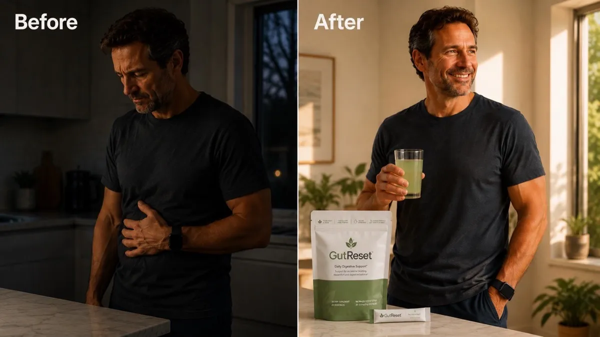 Before and after: a man uncomfortable holding his stomach, then smiling and relaxed holding a glass of GutReset next to the pouch