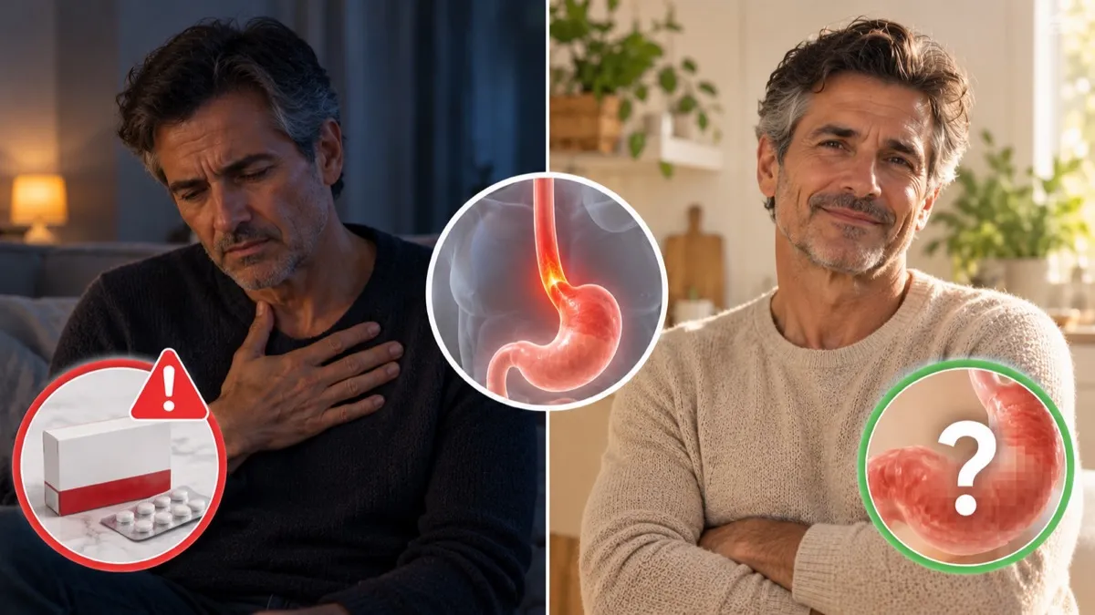 Split image: a person in discomfort with acid reflux symptoms on one side, relieved and confident on the other, with an illustration of the oesophagus in the middle