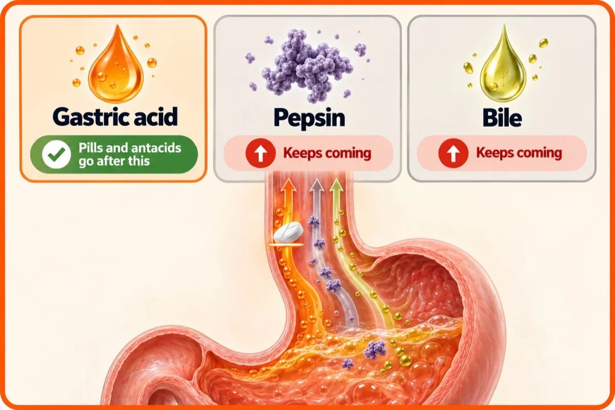 Infographic showing gastric acid, pepsin and bile all flowing up the oesophagus, with a note that pills and antacids only address the acid