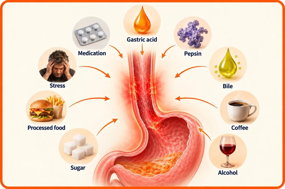 Infographic showing the oesophagus under daily attack from gastric acid, pepsin, bile, medication, stress, processed food, sugar, coffee and alcohol