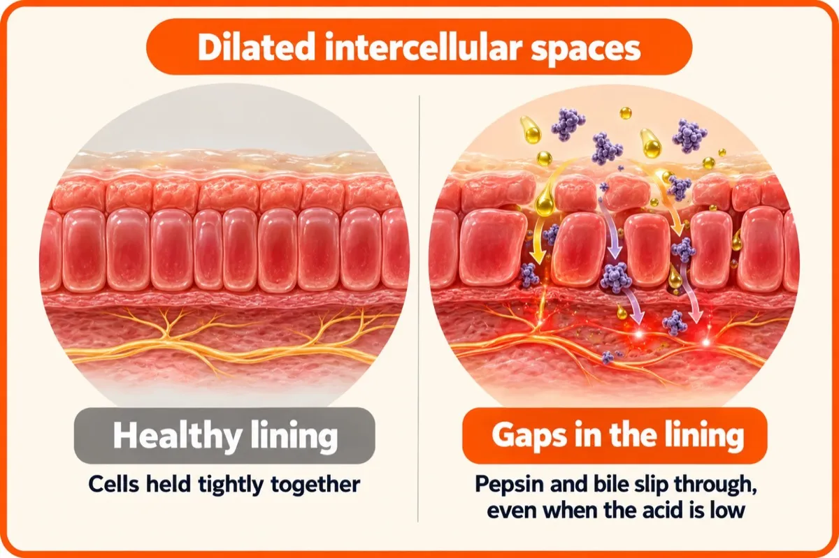 Infographic comparing a healthy lining with cells held tightly together to a lining with dilated intercellular spaces, where pepsin and bile slip through the gaps