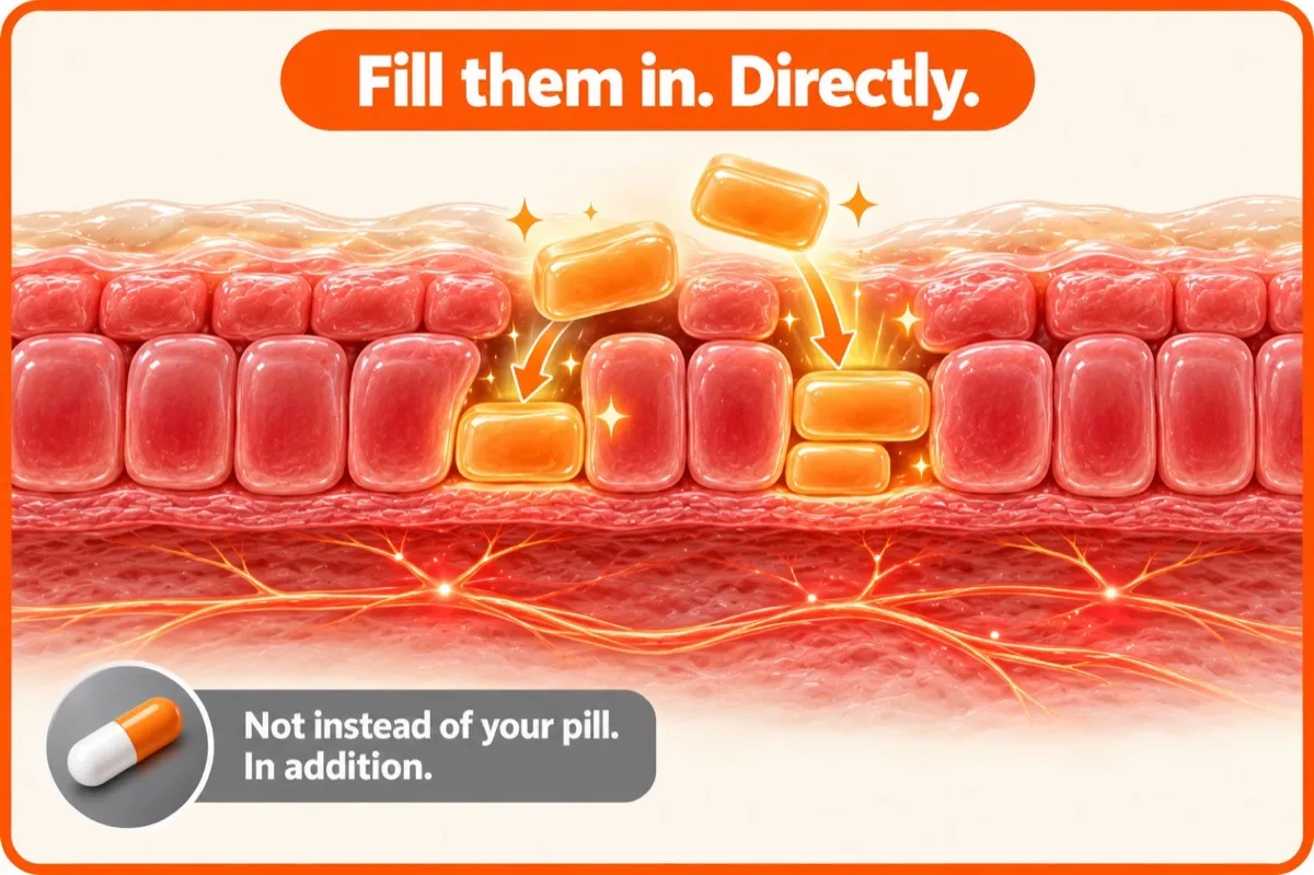 Infographic reading Fill them in. Directly., showing the gaps in the digestive lining being filled, not instead of your pill but in addition
