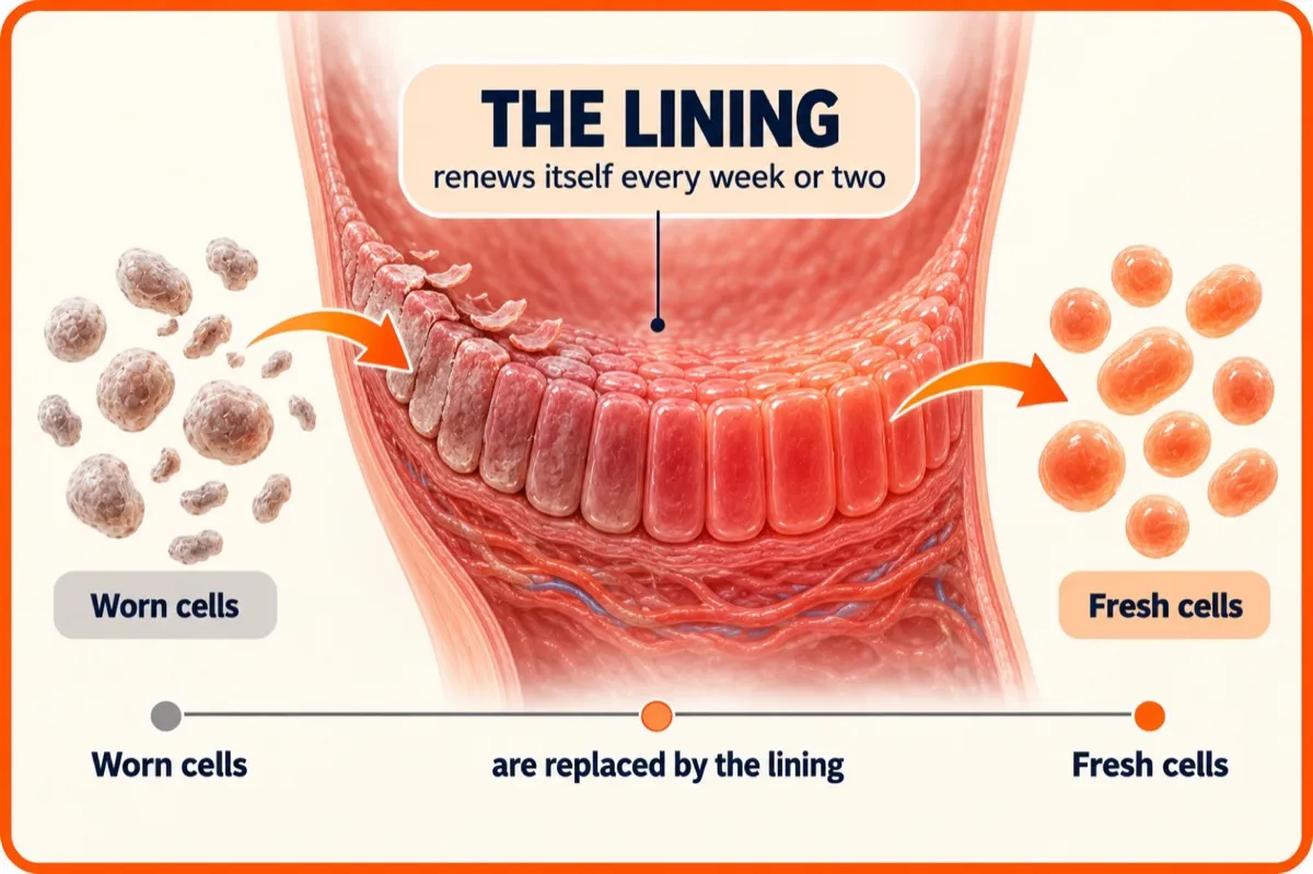 Infographic showing the oesophagus lining renewing itself every week or two, as worn cells are replaced by fresh cells