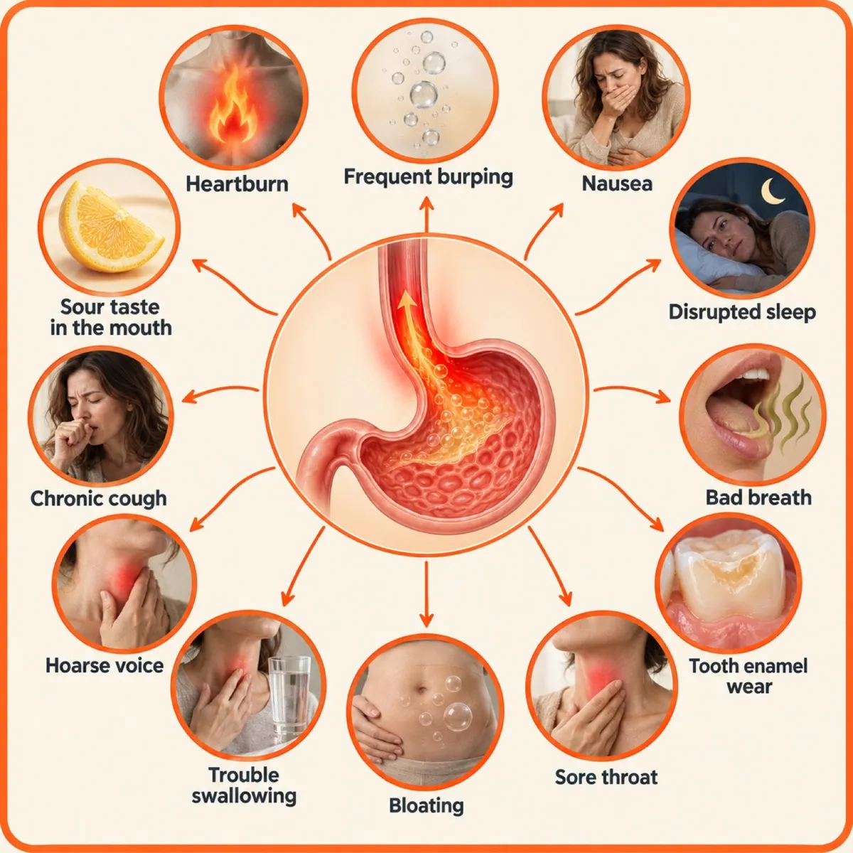 Infographic showing the oesophagus and stomach in the center with arrows radiating out to symptom icons: heartburn, frequent burping, nausea, disrupted sleep, bad breath, tooth enamel wear, sore throat, bloating, trouble swallowing, hoarse voice, chronic cough, and sour taste in the mouth