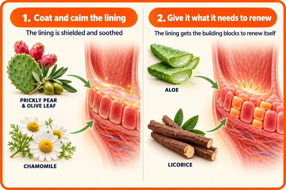Two-column infographic: 1. Coat and calm the lining with prickly pear, olive leaf and chamomile. 2. Give it what it needs to renew with aloe and liquorice