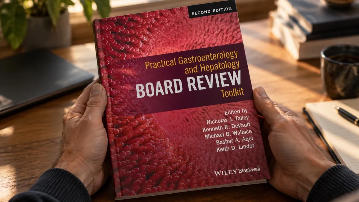 Hands holding Professor Kenneth De Vault's gastroenterology book on a desk