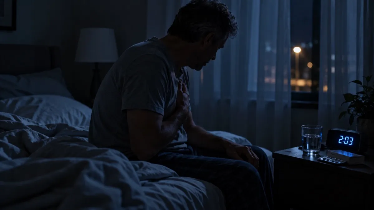 Man sitting on the edge of his bed at 2 a.m., hand on his chest in discomfort, with a glass of water and a glowing clock on the nightstand