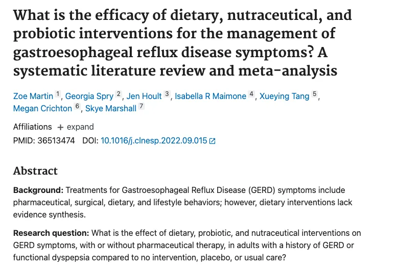 Screenshot of a published study on nutraceutical and probiotic interventions for GERD symptoms