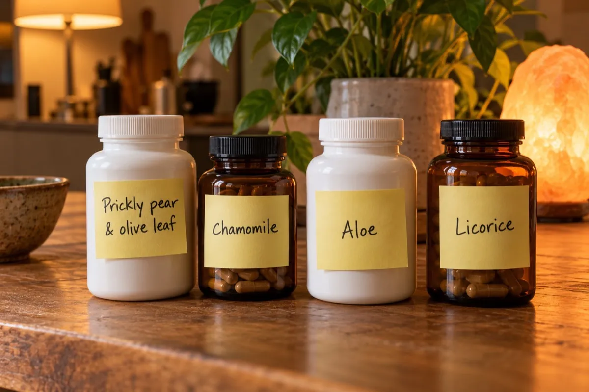 Four supplement bottles on a table, each labeled with a handwritten sticky note: prickly pear and olive leaf, chamomile, aloe, liquorice