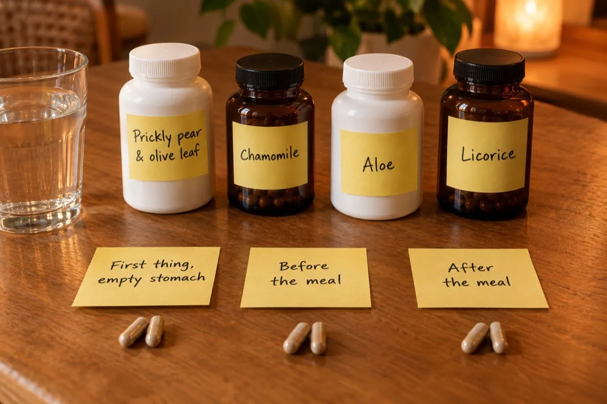 Four supplement bottles and a glass of water above three sticky notes labeled first thing empty stomach, before the meal, and after the meal, each with loose capsules